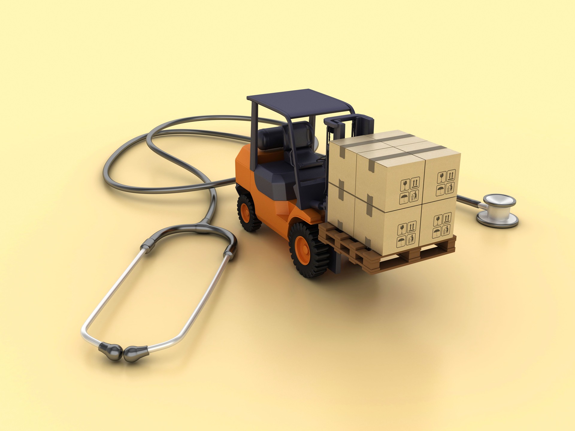 Forklift Truck Carrying Cardboard Boxes with Stethoscope